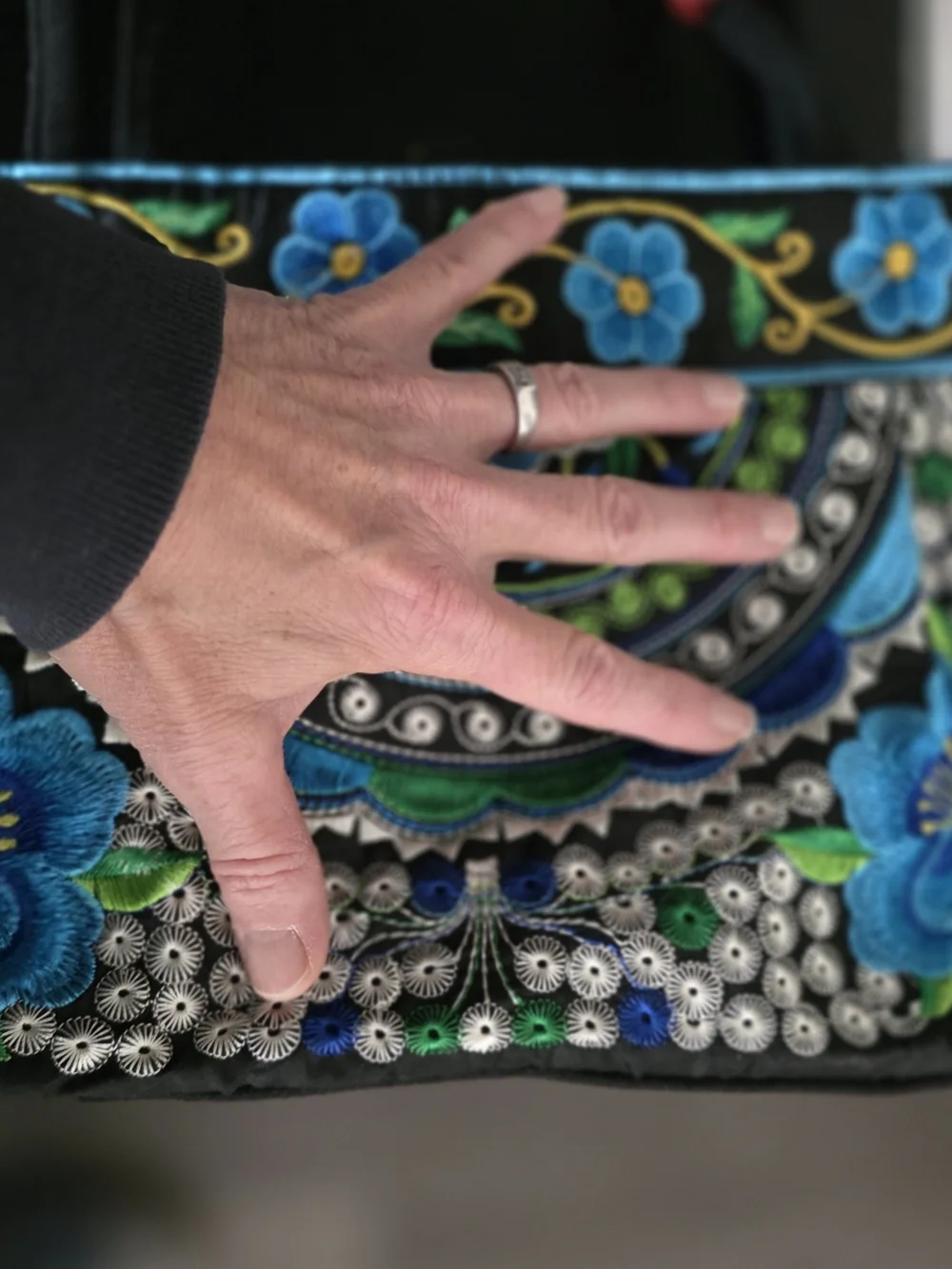 Source Unknown Black Tote with Blue & Green Embroidery and Red Bead Accents